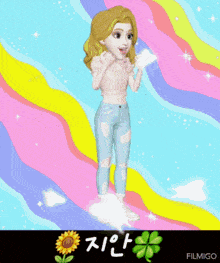 a cartoon girl is standing in front of a colorful background with the word filmigo on the bottom