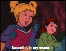 a cartoon of a girl reading a book with the words according to my research