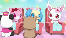 three cartoon characters are sitting in pink chairs including a panda bear and two rabbits