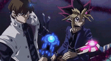 a couple of anime characters standing next to each other with one holding a blue object