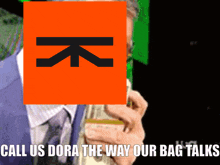 a man in a suit and tie is holding a bunch of money in front of a sign that says " call us dora "