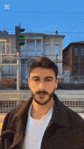 a man with a beard is standing in front of a traffic light and a building .
