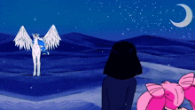 a cartoon drawing of a unicorn with wings and a crescent moon
