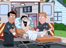 a cartoon of a man in an ambulance being pushed by two men