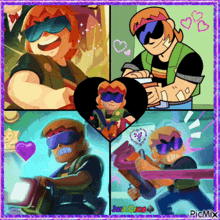 a collage of four pictures of a cartoon character with a heart in the middle .