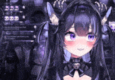 a purple haired anime girl with a bell around her neck looks at the camera