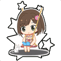 a chibi girl is sitting on a swing with a cat .