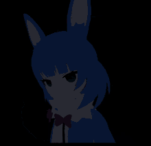 a cartoon character with blue hair and green eyes points her finger