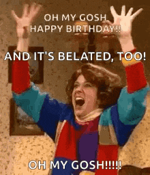 a woman is celebrating her birthday with her arms in the air and screaming .