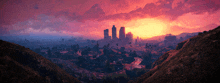 a sunset over a city with a few buildings in the background