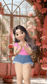 a girl in a pink top and blue shorts is standing in front of a window surrounded by pink flowers