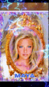 a picture of a woman named maya in a gold frame