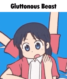 a cartoon of a girl with the words gluttonous beast written above her