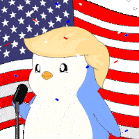 a cartoon of a penguin with a trump wig speaking into a microphone