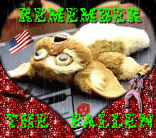 a picture of a stuffed animal with the words " remember the fallen " written on it