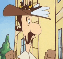 a cartoon man with a mustache and a hat is standing in front of a building .