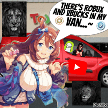 a picture of a girl talking about robux and vbucks in a van