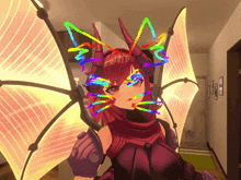 a cartoon character with wings and horns has a rainbow colored eye makeup