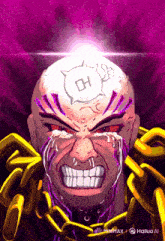 a cartoon drawing of a man with chains around his neck and a symbol on his head that says oh