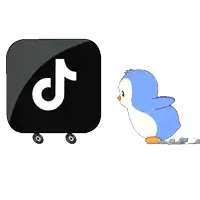 a blue penguin is standing next to a black icon with the letter t on it