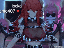 a girl with red hair and horns is standing in front of a sign that says lockoonic407