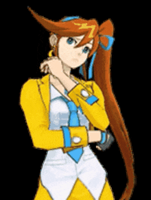 a girl with long red hair and a yellow jacket and tie