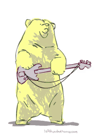 a cartoon of a bear playing a guitar with a speech bubble saying tune it lower