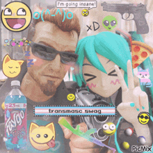 a man holding a gun next to a girl with a sign that says i 'm going insane on it