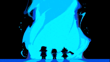 three cartoon characters are standing in front of a blue flame