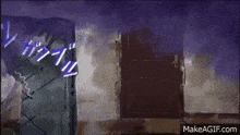 a cartoon character is standing in front of a door with a purple background .