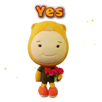 a cartoon character holding a bouquet of red roses and says yes