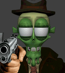 a cartoon character is pointing a gun with a smiley face on his face