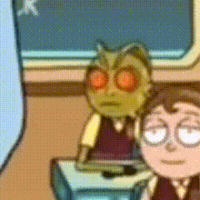 a cartoon character with red eyes is sitting next to another cartoon character .