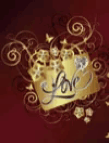 a gold sign with the word love written on it is on a red background .