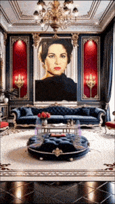 a living room with a couch and a painting of a woman on the wall