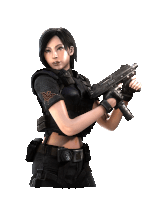 a woman is holding a gun with the letter s on her sleeve