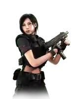 a woman is holding a gun with the letter s on her sleeve