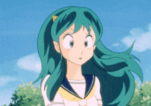 a cartoon girl with green hair is wearing a sailor suit