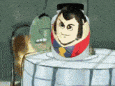 a cartoon drawing of a russian doll with a lupin the third face on it