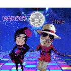 a man and woman are dancing in front of a disco ball with the words dance party time