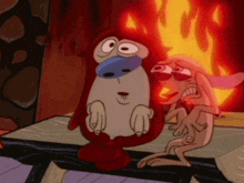 two cartoon characters sitting in front of a fireplace with flames coming out of it
