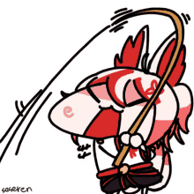 a cartoon drawing of a rabbit with a red and white stripe on its face holding a stick