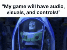buzz lightyear from toy story is sitting in a spaceship in a video game .