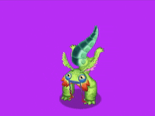 a pixel art of a green monster with a blue horn