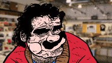 a cartoon of a man with curly hair and a cross on his neck