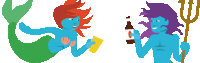 a pixel art of a mermaid and a man with a trident holding a bottle