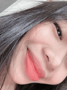 a close up of a woman 's face with long hair