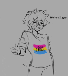 a drawing of a person wearing a shirt that says panic on it