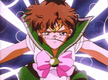 a cartoon character with a pink bow and a green collar