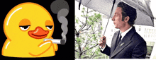 a duck smoking a cigarette next to a man with an umbrella